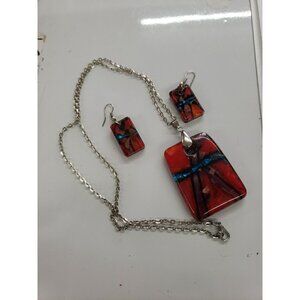 Handmade Dichroic Fused Glass Red Blue Purple Pendant 24” Chain Pierced Earrings